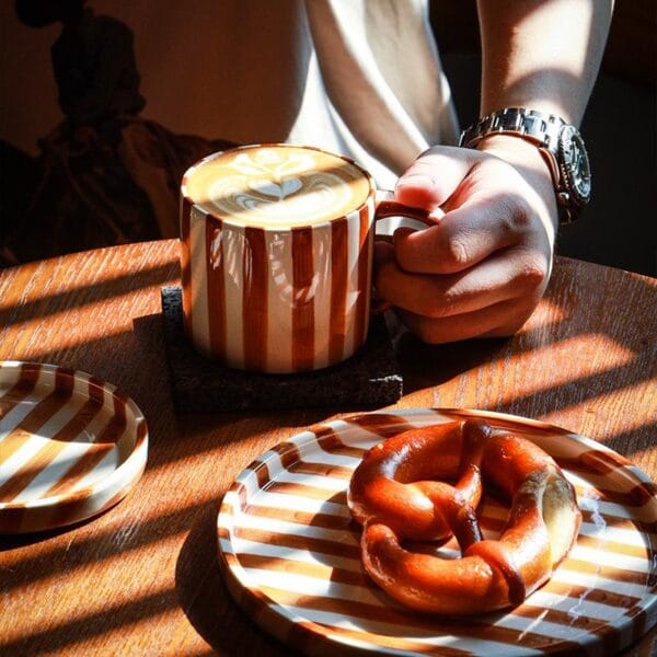Striped Ceramic Coffee Mug Saucer Set Wholesale Horeca - Image 2