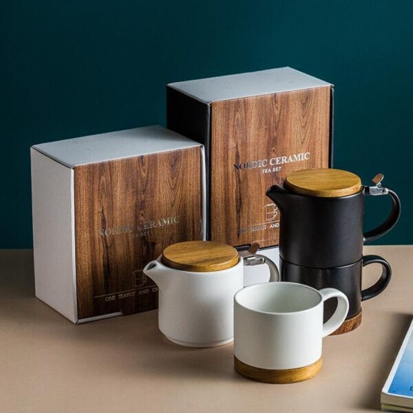 Nordic Ceramic Coffee Tea Set Wood Cover Wholesale