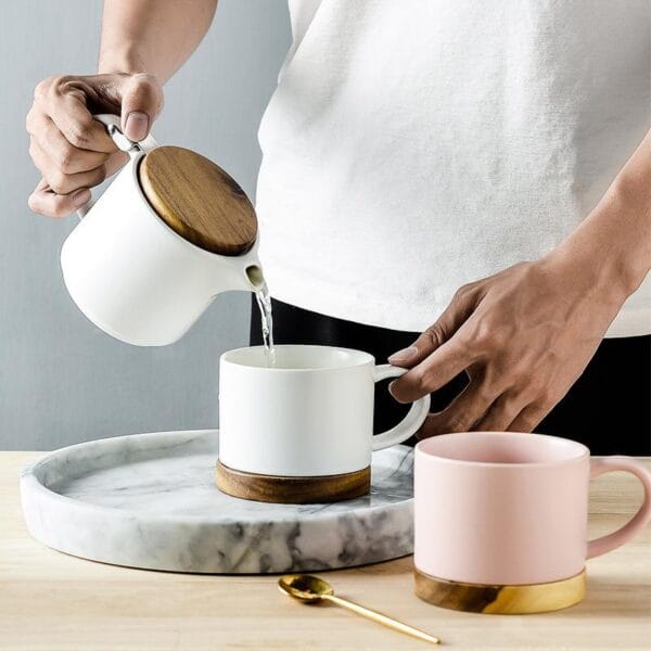 Nordic Ceramic Coffee Tea Set Wood Cover Wholesale - Image 4