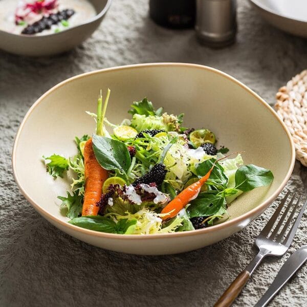 Retro White Ceramic Salad Stone Bowl Wholesale - Image 3