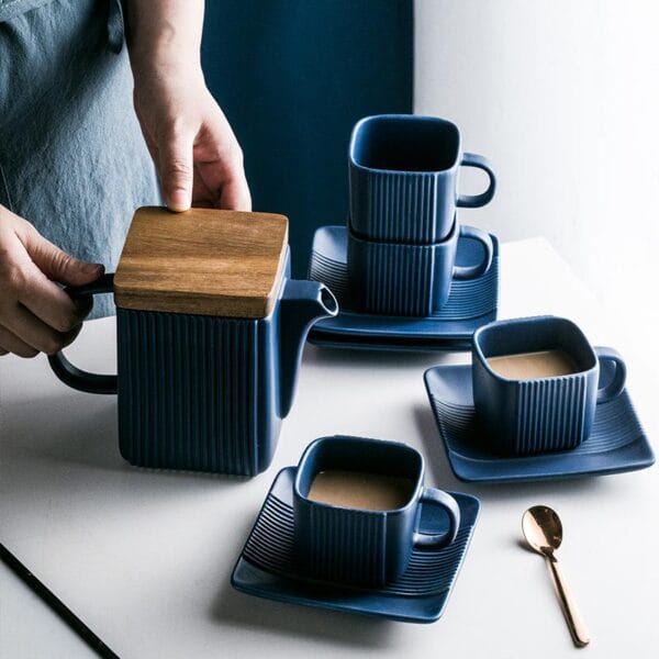Nordic Ceramic Coffee Tea Set Wood Cover Wholesale - Image 2