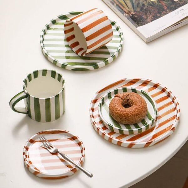 Striped Ceramic Coffee Mug Saucer Set Wholesale Horeca - Image 3