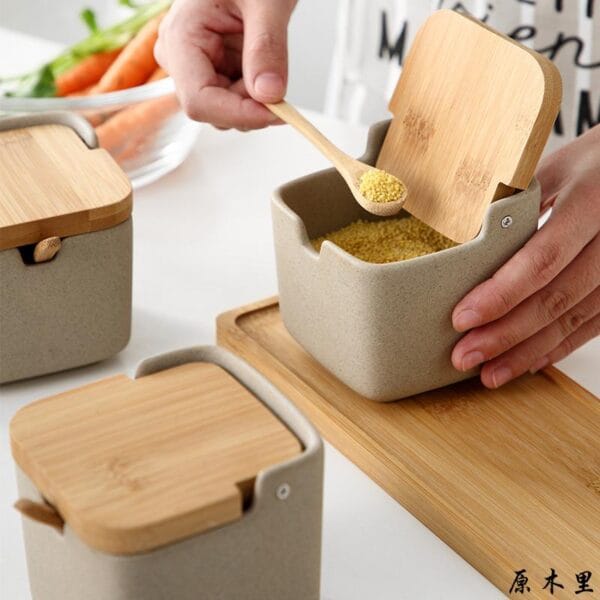 Ceramic Condiment Jars Bamboo Lids Wholesale - Image 3