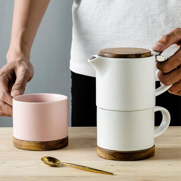 Nordic Ceramic Coffee Tea Set Wood Cover Wholesale - Image 2