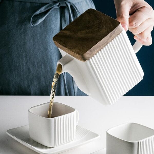 Nordic Ceramic Coffee Tea Set Wood Cover Wholesale - Image 3