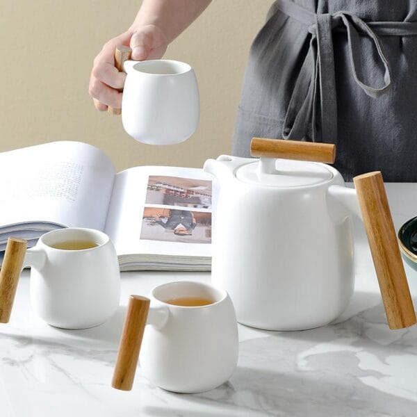 Nordic Ceramic Coffee Tea Set Wood Handle Wholesale - Image 3