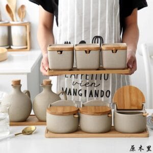 Ceramic Condiment Jars Bamboo Lids Wholesale