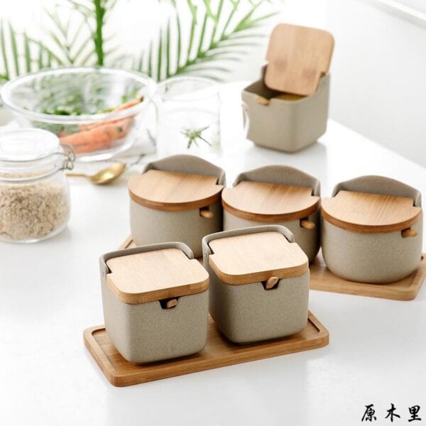 Ceramic Condiment Jars Bamboo Lids Wholesale - Image 2