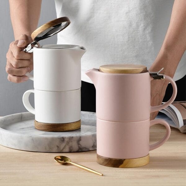 Nordic Ceramic Coffee Tea Set Wood Cover Wholesale - Image 3