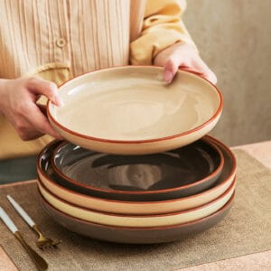 Rustic Speckled Ceramic Dinner Plate Hand Painted Brown Rim Porcelain Pasta Soup Plate Deep Salad Dish for Restaurant